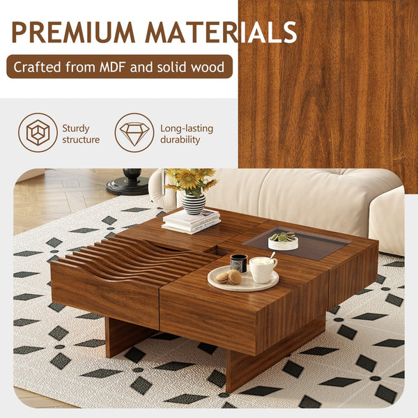 English Elm VIBE Mid Century Square Coffee Table with Tempered Glass Display, 3 Drawers, Solid Wood Craftsmanship Brown N724P270432D