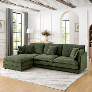 English Elm Modern Sectional Convertible Sofa with Ottoman, Oversized L-Shaped 4-Seater Towel Fabric Comfort Green W1413S00081