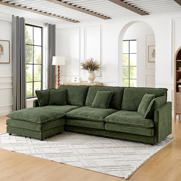 English Elm Modern Sectional Convertible Sofa with Ottoman, Oversized L-Shaped 4-Seater Towel Fabric Comfort Green W1413S00081