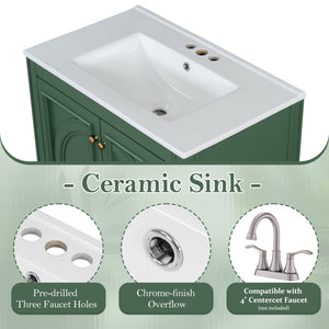 English Elm Christopher Knight Home® - 30" Bathroom Vanity with Sink Vintage Freestanding Ceramic Top Soft-Close Doors Gold Knobs, Storage Green N759P226000F