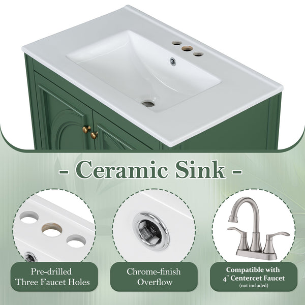 English Elm Christopher Knight Home® - 30" Bathroom Vanity with Sink Vintage Freestanding Ceramic Top Soft-Close Doors Gold Knobs, Storage Green N759P226000F