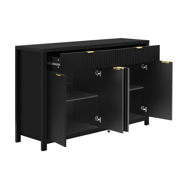 English Elm Modern Wave-Pattern Sideboard Cabinet with 2 Drawers 4 Doors 3 Adjustable Shelves Aluminum Handles Stylish Storage for Entryway and Living Room Black N711P269068B