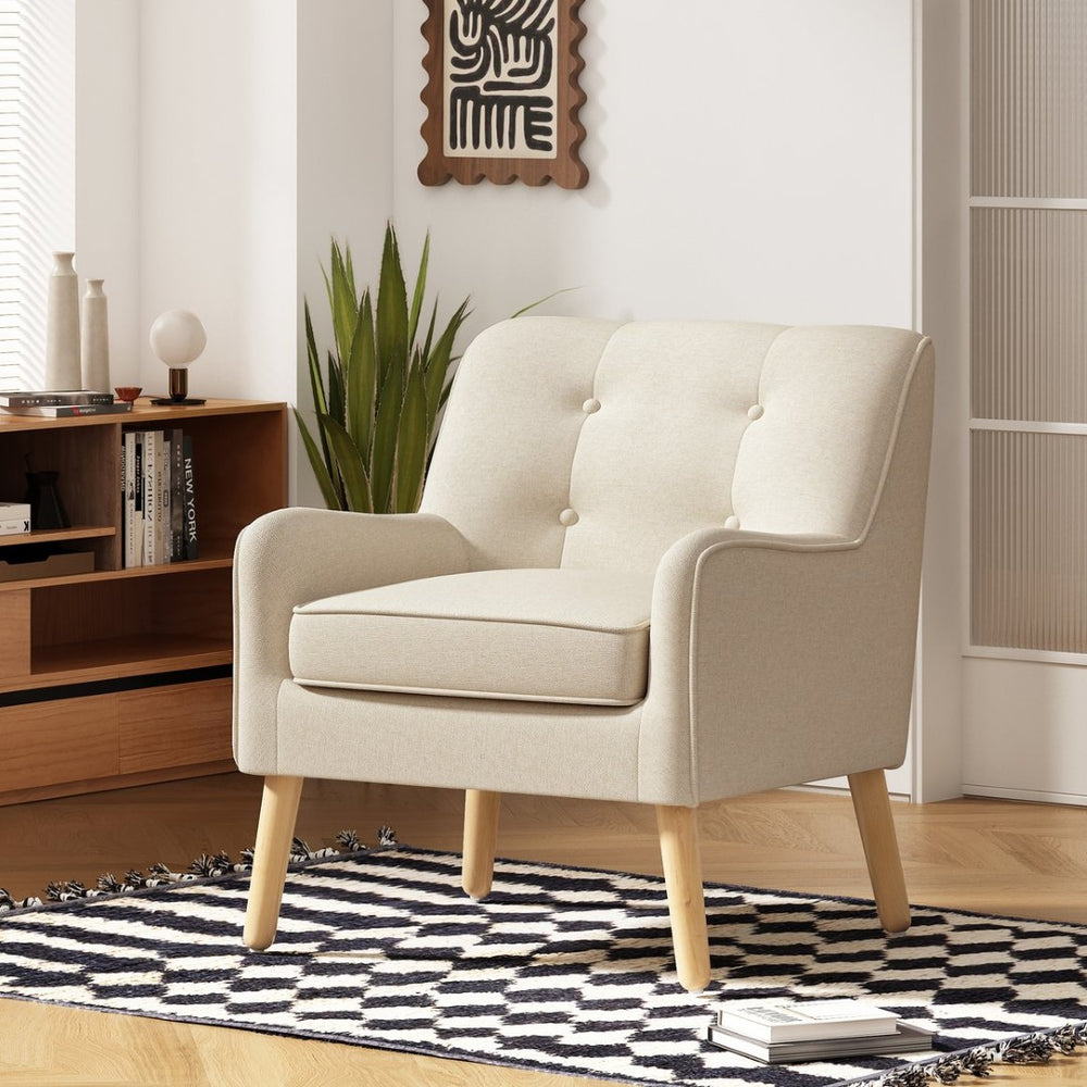 English Elm Mid-century Modern Accent Chair Tufted Polyester Upholstery Tapered Birch Legs N767P419113B