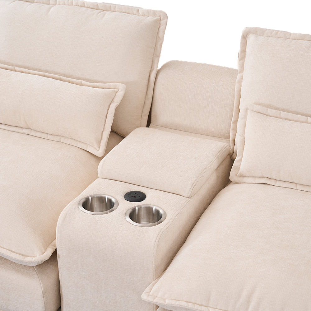 English Elm Modern U-shaped sofa with console, cupholders & USB ports — 6-seat sleeper with double chaise, chenille comfort W3401S00001