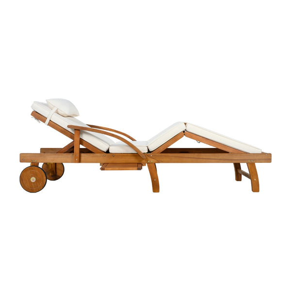English Elm U_style Acacia Wood Outdoor Chaise Lounger with Reclining Backrest Cushions and Side Tray Beige N711P415859A