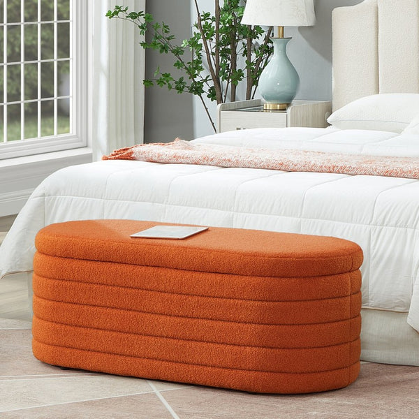 English Elm Modern Boucle Upholstered Oval Bench with Hinged Lid Storage for Bedroom Entryway Orange W2186P193119