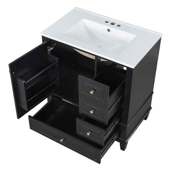 English Elm Christopher Knight Home® - 30" Freestanding Bathroom Vanity with Ceramic Sink, Soft-Close Door, Gold Knobs & 3 Drawers, Durable Painted Finish Black N759P225994B