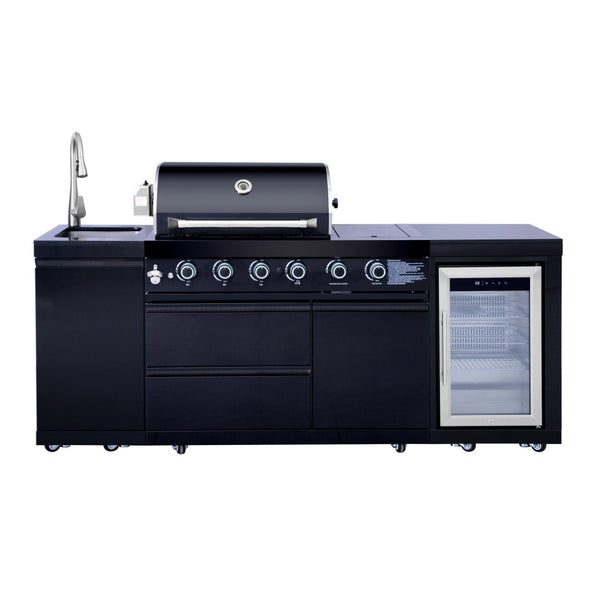 English Elm Outdoor Propane Kitchen Island with Grill Sink Refrigerator and Bar in Stainless Steel W5007S00006