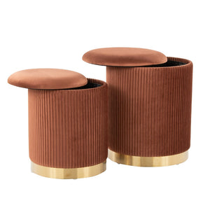 English Elm Nesting Pleated Velvet Ottoman Pair with Polished Gold Base Glam Living Room Accent B202P471509