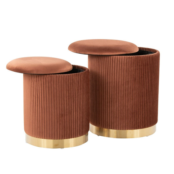 English Elm Nesting Pleated Velvet Ottoman Pair with Polished Gold Base Glam Living Room Accent B202P471509