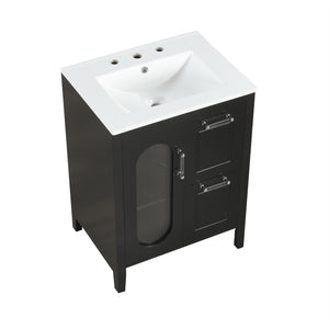 English Elm 24" Modern Bathroom Vanity with Ceramic Sink, Solid Wood & MDF Cabinet, Two Drawers, Shelf Black N725P245273B