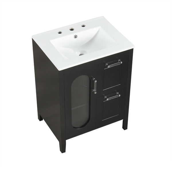 English Elm 24" Modern Bathroom Vanity with Ceramic Sink, Solid Wood & MDF Cabinet, Two Drawers, Shelf Black N725P245273B