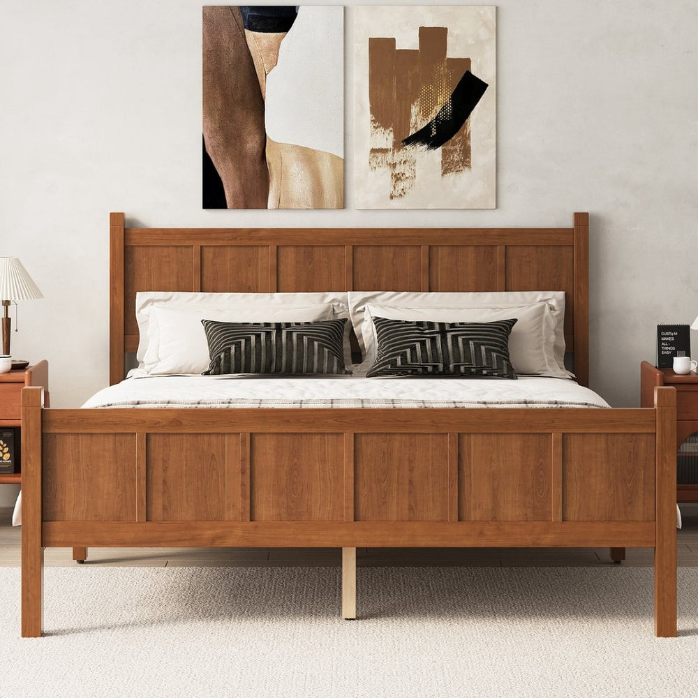 English Elm Queen Platform Bed Shaker Farmhouse Style with Vertical Slat Headboard and Wood Grain Finish Walnut N733P422480D