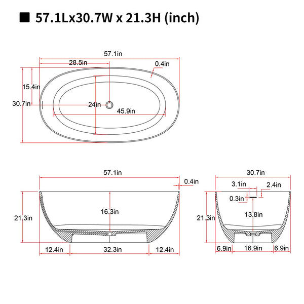 English Elm 57'' Freestanding Stone Resin Soaking Tub Ergonomic Spa Bath with Drain Included W2753P416661