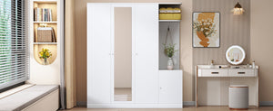 English Elm 4-Door Wardrobe with Full-Length Mirror, Dust-Proof Compartments, Shoe Door & Anti-Tip Safety Features White N820S00056K