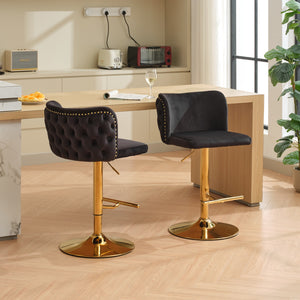 English Elm A&A Velvet Tufted Swivel Barstool with Ergonomic Back and Gold-Plated 17.7" Base, Set of 2 Black W1143P204044