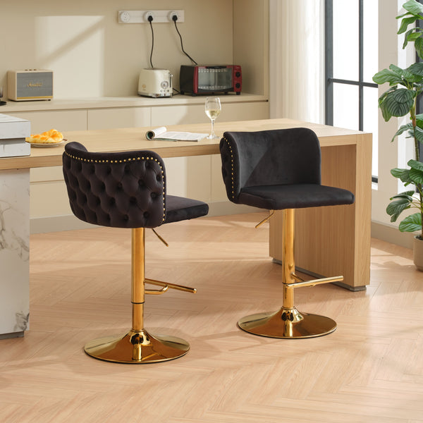 English Elm A&A Luxe Velvet Swivel Barstool with Gold-Plated 17.7" Base, Tufted Back, Ergonomic Waist Support Black W1143P204044