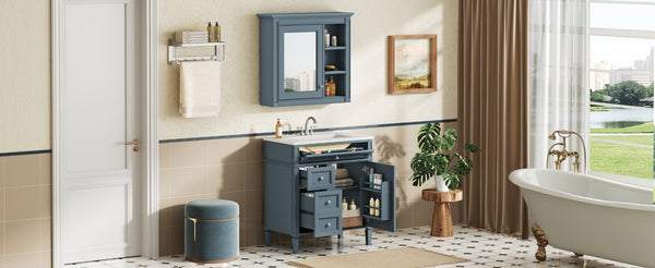 English Elm 30'' Freestanding Bathroom Vanity Set with Mirror Cabinet Ceramic Sink Soft Close SW000126AAM-1