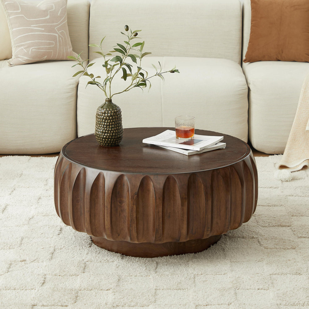English Elm Round Birch Carved Coffee Table with 3D Relief Frame, Mountain-Grain Veneer Top, Sculptural Elegance Walnut W3137P270434