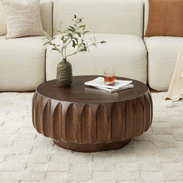 English Elm Round Birch Carved Coffee Table with 3D Relief Frame, Mountain-Grain Veneer Top, Sculptural Elegance Walnut W3137P270434