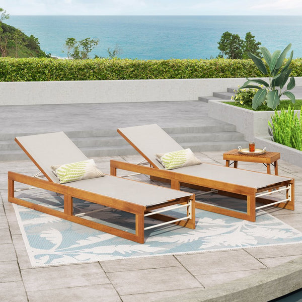 English Elm Christopher Knight Home® - MIA Acacia Wood Chaise Lounge with Breathable Textilene Mesh Seating for Cool, Durable Outdoor Relaxing Teak+ Beige 50.5 L x 27.5 W x 17.25 H N776P301495B