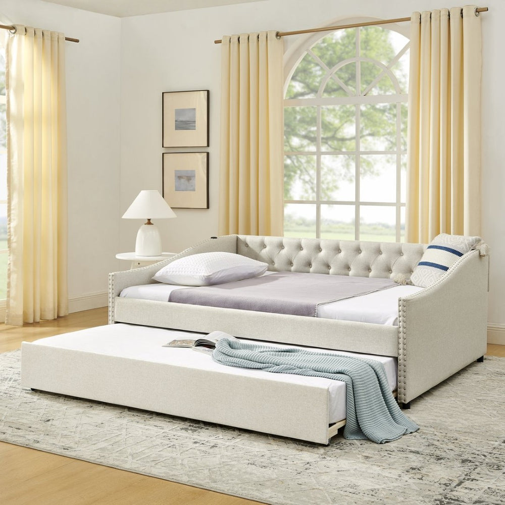 English Elm Full Size Upholstered Daybed with Trundle Usb Ports Tufted Back Wave Arms W1413S00158