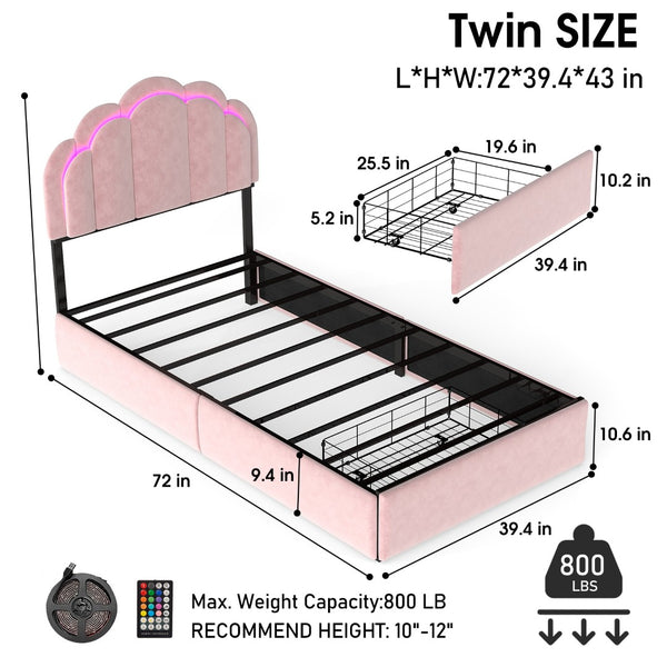 English Elm Rgb Led Velvet Platform Bed Petal Headboard Storage Drawers for Kids Bedroom T3963P458401