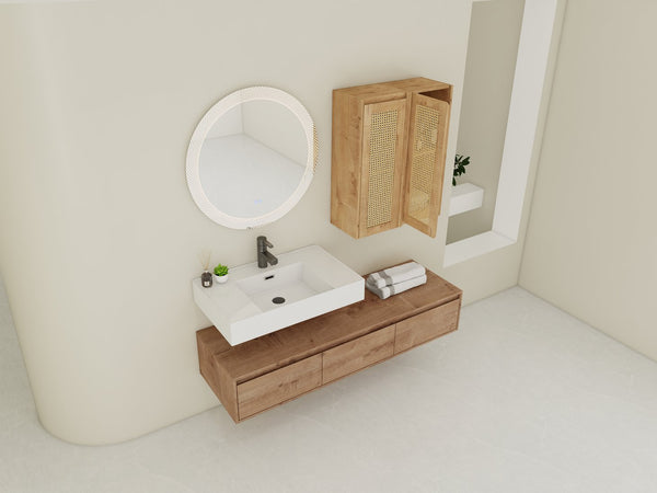 English Elm 60-Inch Wall-Mounted Bathroom Vanity With Integrated Resin Sink, Soft-Close Drawers & Elegant Oak Finish W999S00358