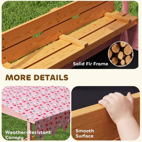 English Elm Outdoor Fir Wood Kids Sandbox with Flamingo Canopy and Convertible Bench Seating T3971P480686
