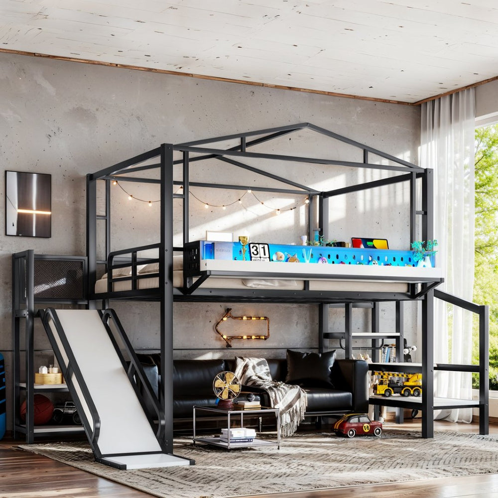 English Elm Twin Metal Loft Bed with Built-in Wardrobe Storage Stairs Led Lights and Usb Ports W5316S00047