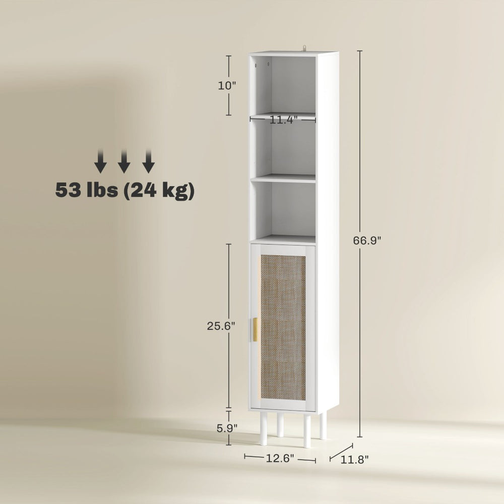 English Elm Nordic Tall Bathroom Storage Cabinet with Woven Rattan Doors and Open Shelving T3971P430677