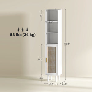 English Elm Nordic Tall Bathroom Storage Cabinet with Woven Rattan Doors and Open Shelving T3971P430677