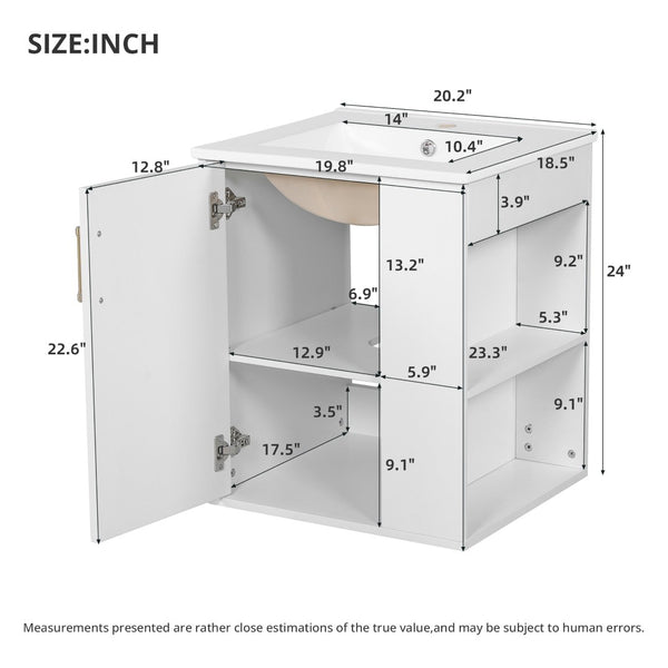 English Elm 20" Floating Bathroom Vanity with Ceramic Sink Soft Close Door and Open Side Shelf N710P332061K