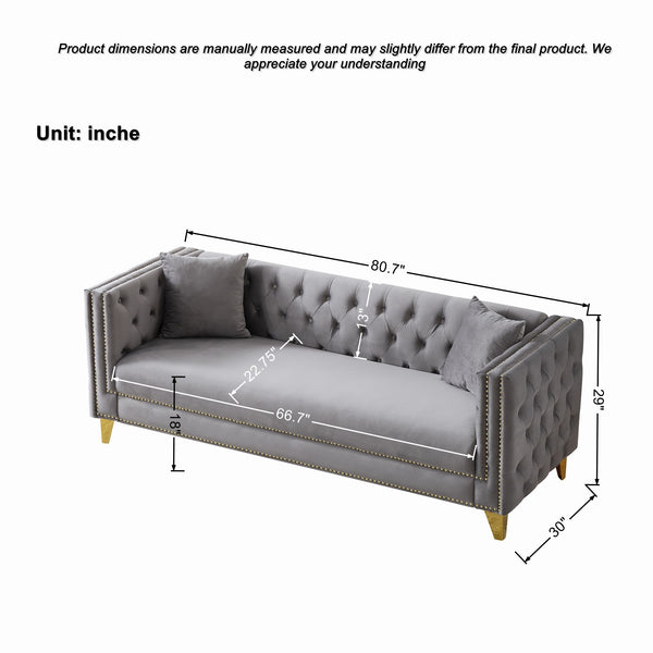 English Elm 80"Chesterfield Velvet Sofa with Tufted Buttons & Nailhead Trim, Deep-Seated 3-Seater, Solid Wood Frame Grey W3373S00027