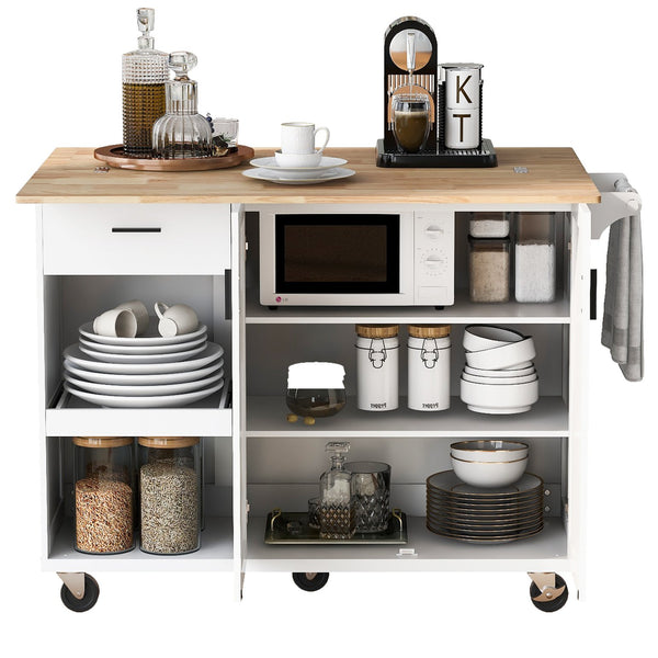 English Elm K&K Kitchen Island with Foldable Countertop, Spacious Mobile Storage Cart, Soft-Close Doors, Durable Rubberwood Top and Locking Wheels White N707P173036W
