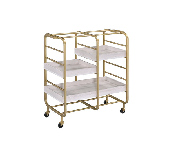 English Elm Vorrik Gold & White Washed Serving Cart with 3 Removable Wooden Trays, Metal Frame & Casters, Durable Storage B2726P286821