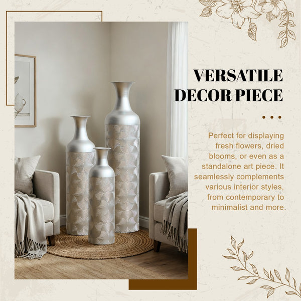 English Elm Silver Metal Floor Vase Trio Etched Wave Pattern Tall Cylinder Set for Modern Decor W2796P386873