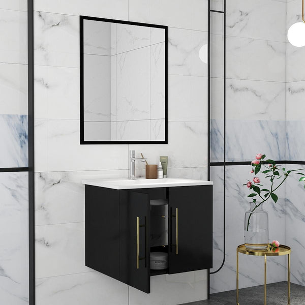 English Elm 24-Inch Modern Wall-Mounted Bathroom Vanity With Sink & Mirror, Soft Close Doors & Gold Accents W3151S00035