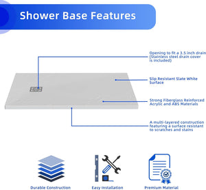 English Elm Goodyo 32"x48" White ABS Acrylic Shower Base with Anti-Slip Slate Texture, Drain Kit & 304 SS Cover W1223S00009