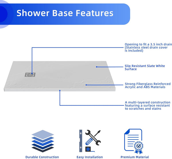 English Elm Goodyo 32"x48" White ABS Acrylic Shower Base with Anti-Slip Slate Texture, Drain Kit & 304 SS Cover W1223S00009