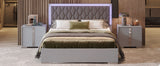 English Elm Queen Size Upholstered Bed With Led Lights,Modern Platform Bed With Velvet Headboard,Grey