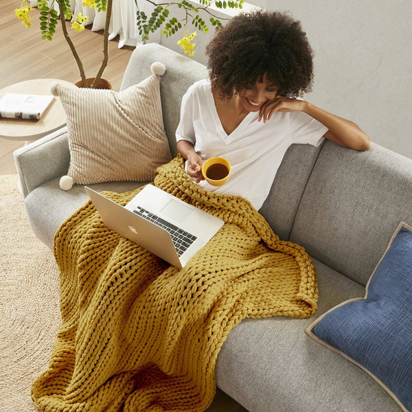 JLA Home Madison Park - Hand Made Throw Blanket: Ultra-Soft Double-Knit Acrylic Throw with Modern Boho Style, OEKO-TEX Safe Cozy Gift Yellow MP50-8215