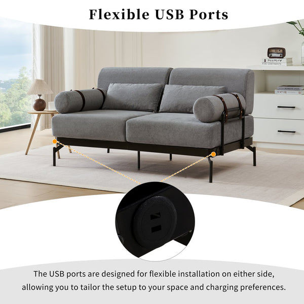 English Elm Modern Loveseat Sofa with Cylindrical Armrests, Built-In USB Ports, Chenille Cushions, Steel Frame Grey N719P290584E
