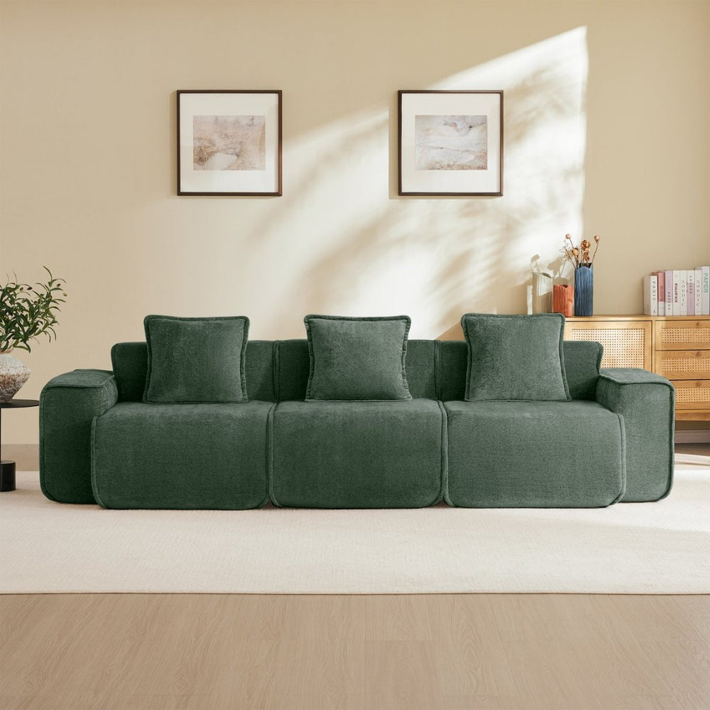 English Elm Streamlined Modular Cloud Sofa Three Seat Velvet Cushions with French Piping for Living Rooms Green W3041S00365