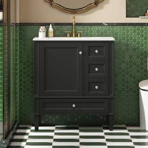 English Elm 30 30 Inch Bathroom Vanity with Ceramic Sink, Modern Compact 3-Drawer Storage Cabinet for Small Baths Black N710P247499B