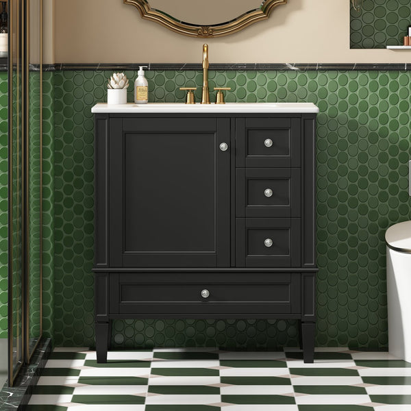English Elm 30 30 Inch Bathroom Vanity with Ceramic Sink, Modern Compact 3-Drawer Storage Cabinet for Small Baths Black N710P247499B