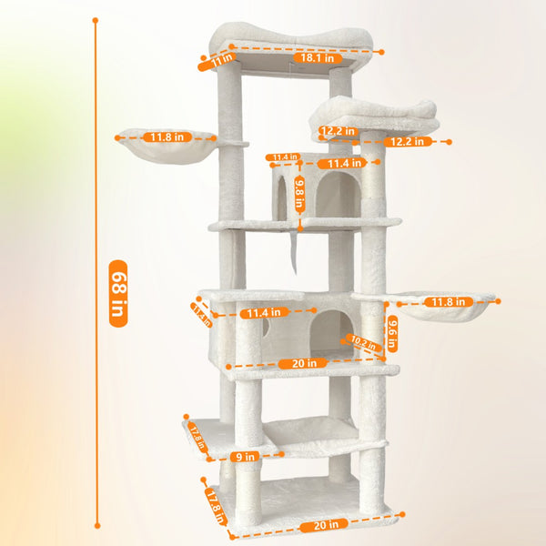 English Elm 68in Tall Six Level Plush Cat Tower with Sisal Posts Hammock Cave and Washable Perches Beige W243P326780