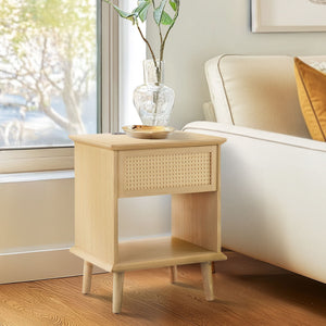 JLA Home 510 Design - Rattan Mid-Century Side Table with Drawer, Open Shelf, USB/USB-C Charging & Warm LED Light FUR120-0057