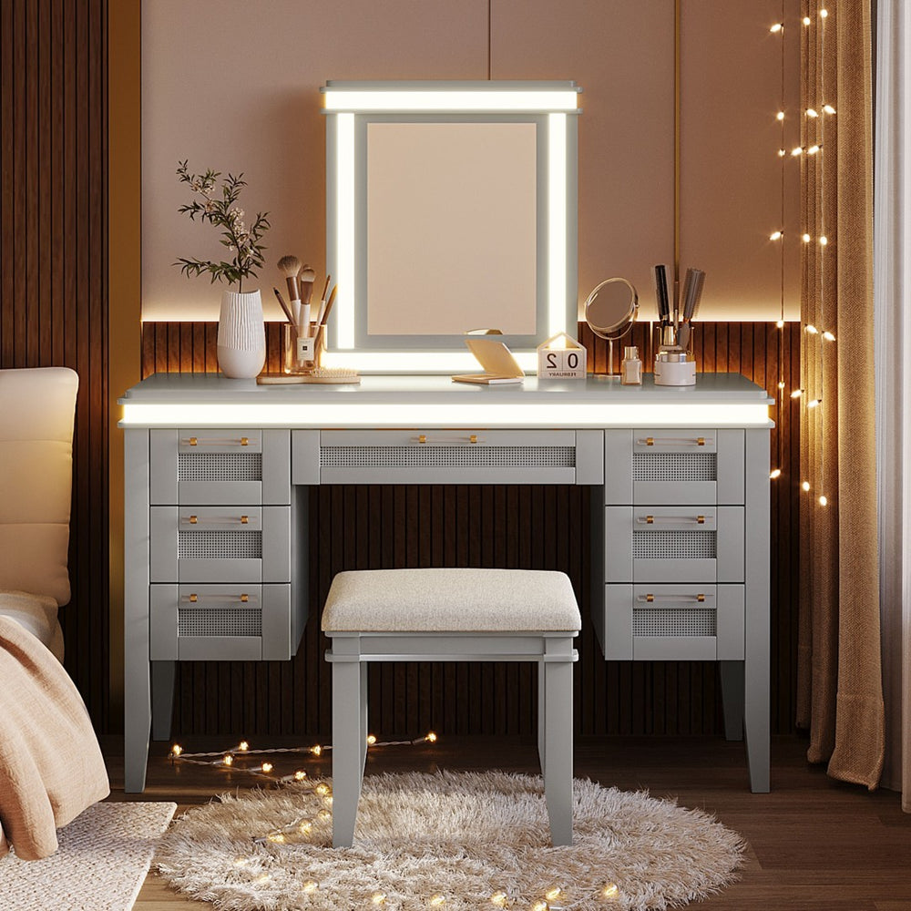 English Elm 48" Makeup Vanity Desk with Led Mirror Bamboo Weave Drawers Cushioned Stool Bedroom Grayish Blue N704P337484E