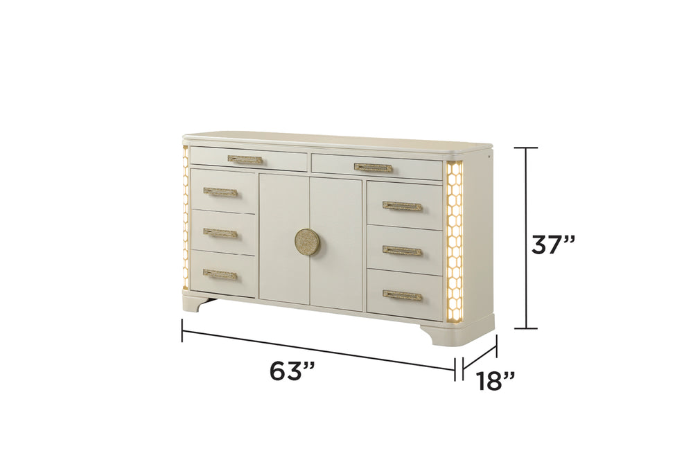 English Elm Jasmine 8-Drawer Dresser with Corner LED Lights, Gold Pulls, Beige Wood Finish for Elegant Storage G150109063